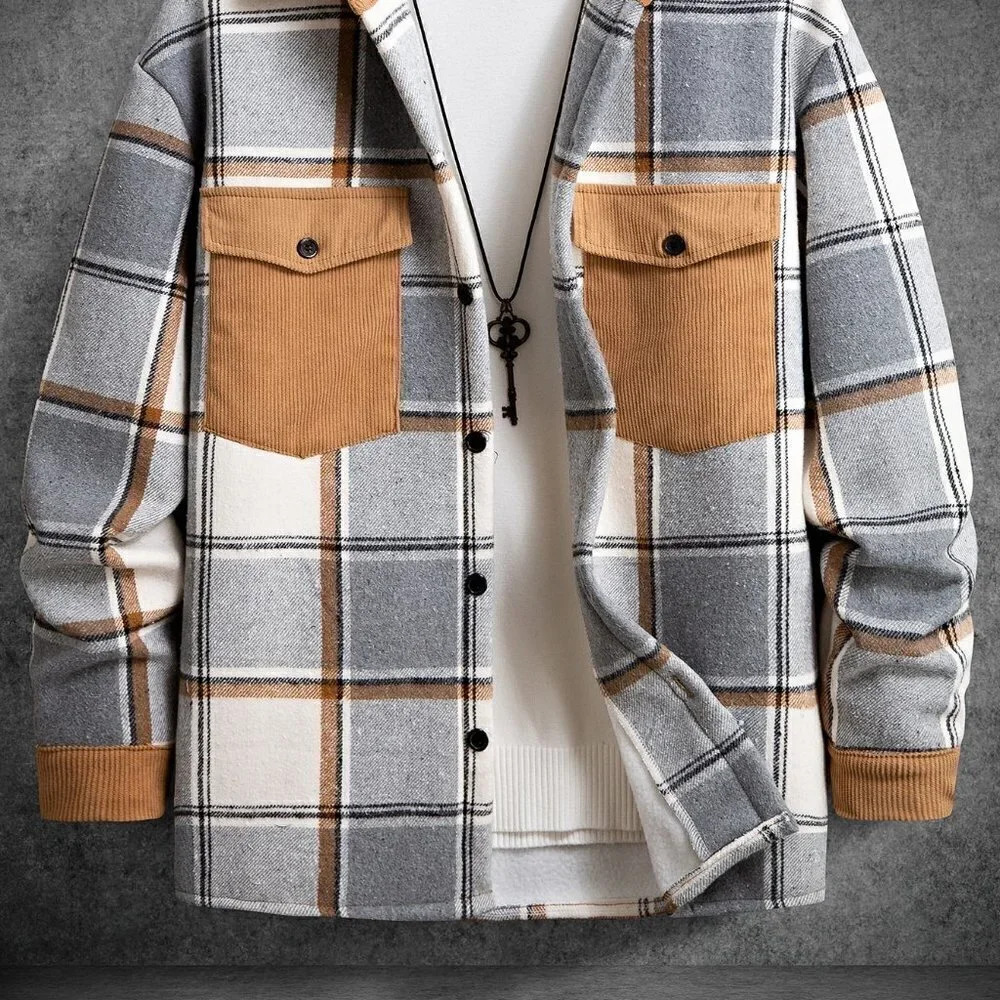 Multicolor Casual Mens Plaid Print Flap Pocket Drop Shoulder Overcoat - Picture 2 of 6
